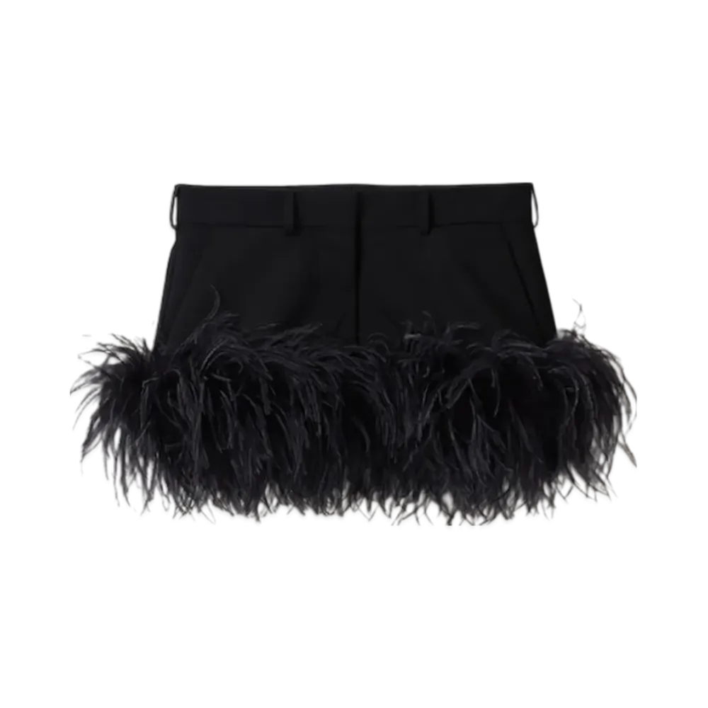 MIU MIU Women's Feather Trimmed Grain De Poudre Miniskirt "Black"