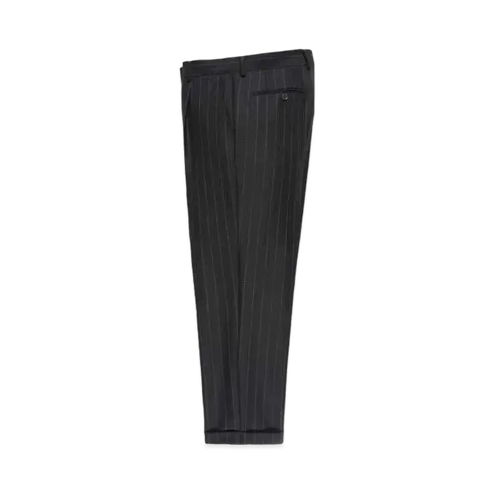 WACKO MARIA STRIPED PLEATED TROUSERS (IMPOET FABRIC / DOEMEUIL) "Black"