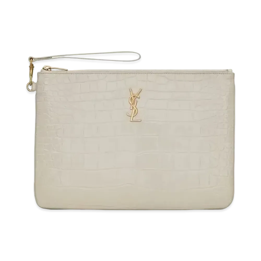 Saint Laurent Monogram Tablet Pouch In Crocodile-Embossed Leather "Vintage White"