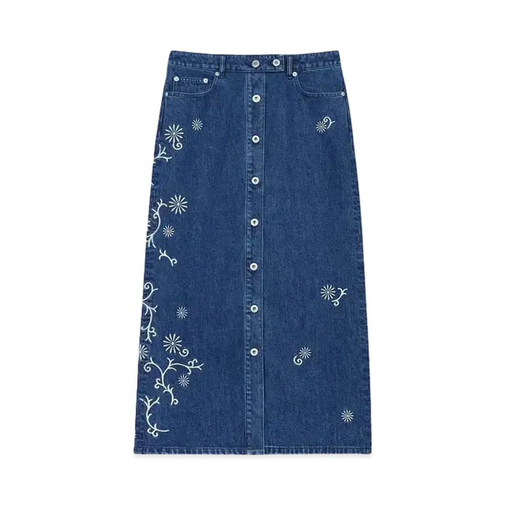 KENZO 'MARGUERITE'' Embroidery Long Skirt in Japanese Denim "Medium Stone Blue Denim"