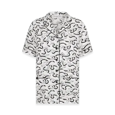Dior Women's Short-Sleeved Shirt Silk Twill Colombe E Cartigli Motif "White/Black"