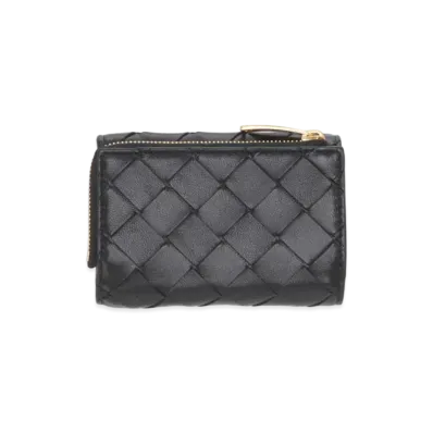 Bottega Veneta Intrecciato Lambskin Small Trifold Zip Wallet "Black"