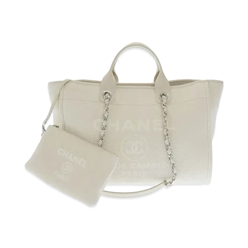 CHANEL Medium Deauville Tote Canvas "White/Silver"