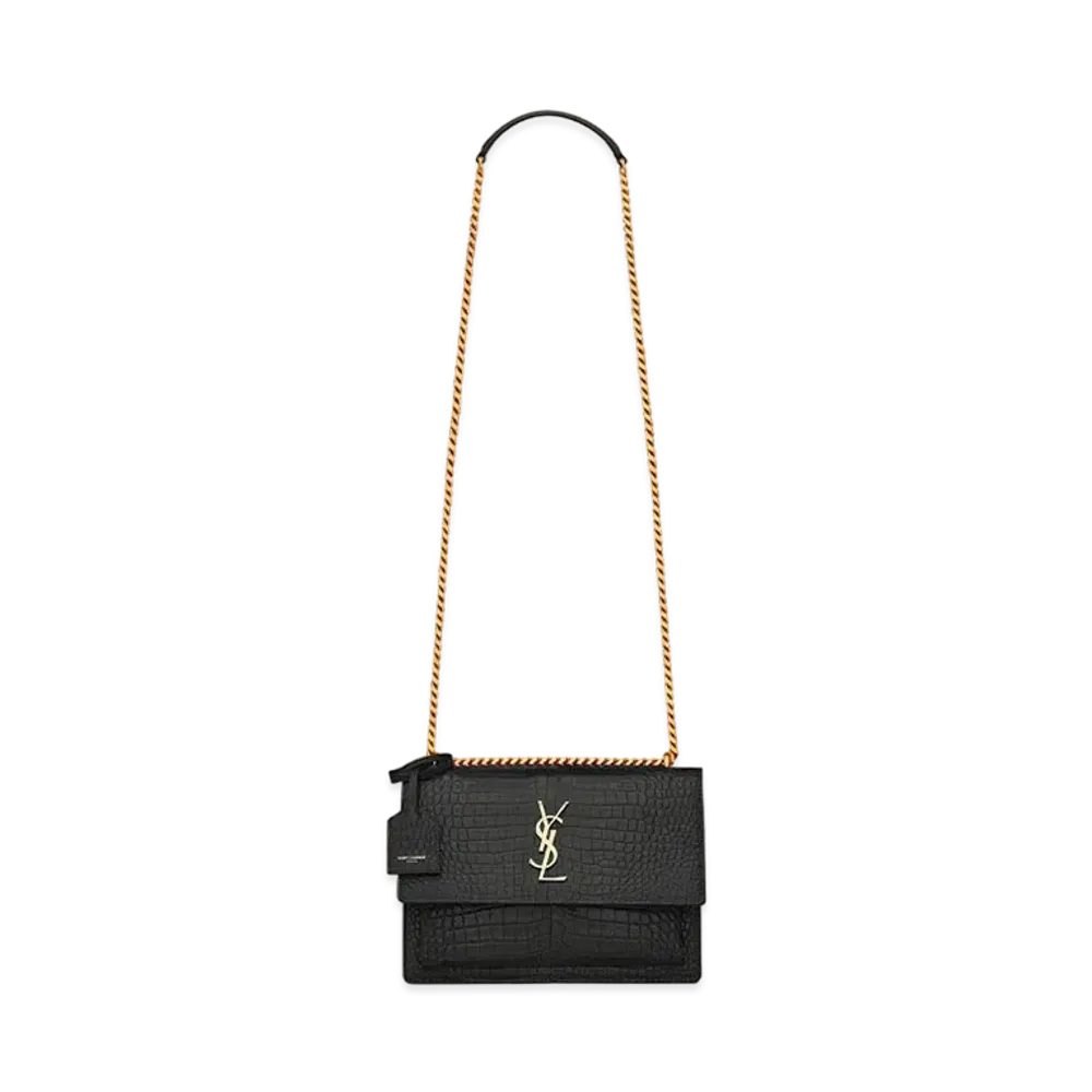 Saint Laurent Sunset Medium In Crocodile-Embossed Shiny Leather "Black"
