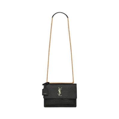 Saint Laurent Sunset Medium In Crocodile-Embossed Shiny Leather "Black"