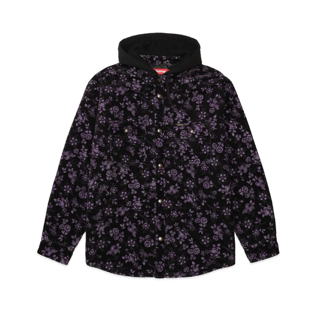 Supreme Quilted Lined Hooded Velvet Snap Shirt "Floral"