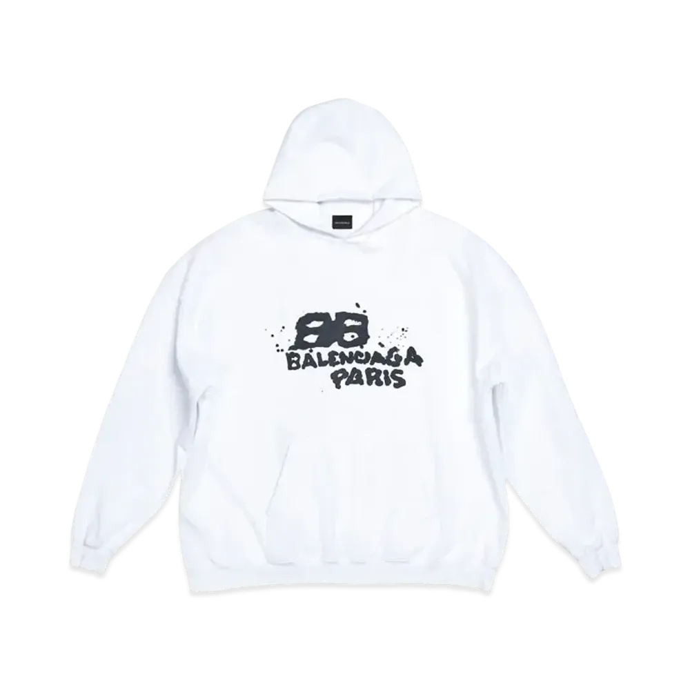 BALENCIAGA MENS Hand Drawn BB Icon Hoodie Large Fit "White/Black"