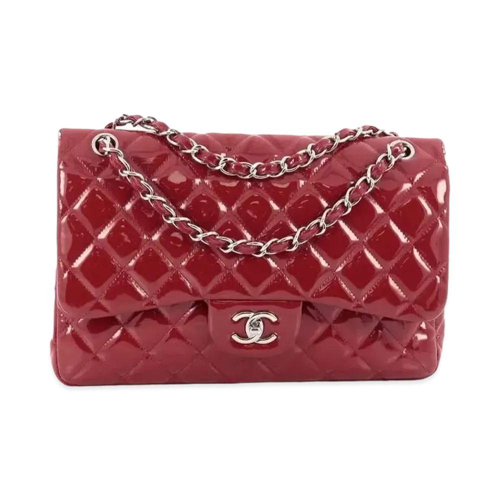 CHANEL Deca Matelasse Classic Double Flap Patent Calfskin "Red/Silver"