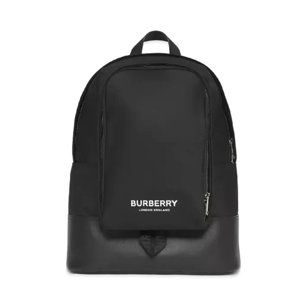 BURBERRY Large Logo Printed Nylon & Leather Backpack "Black"