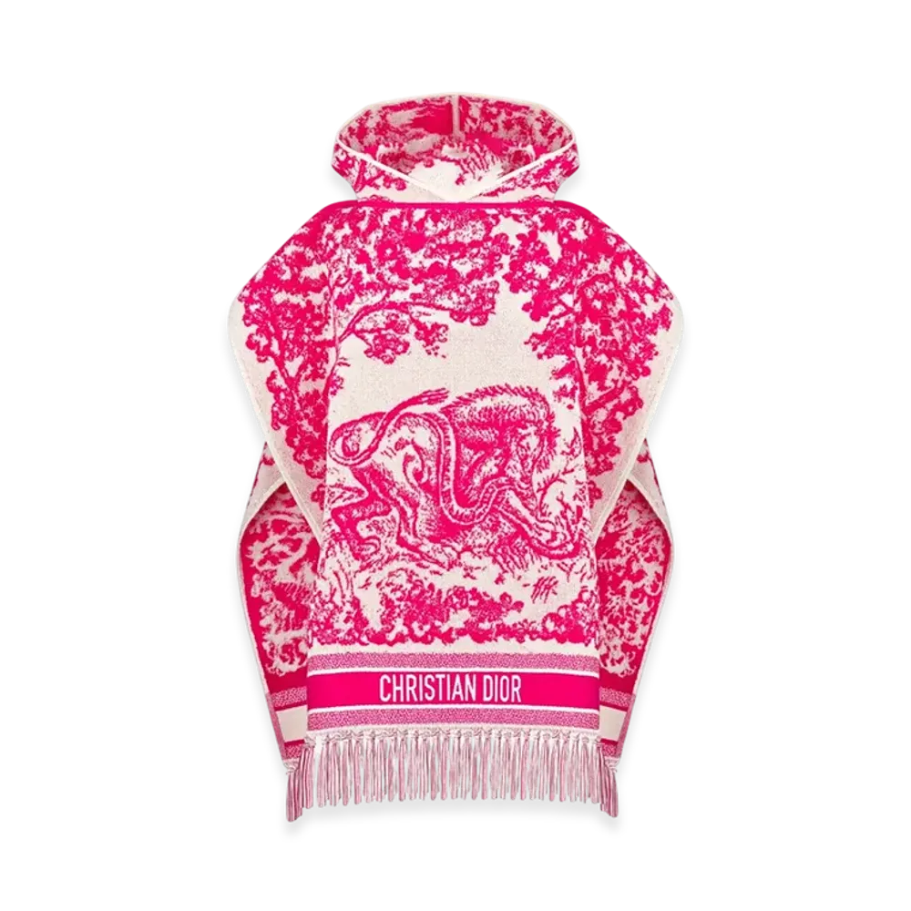 Dior Women's Toile De Jouy Sauvage Hooded Poncho Cotton "Ivory/Fluorescent Pink"