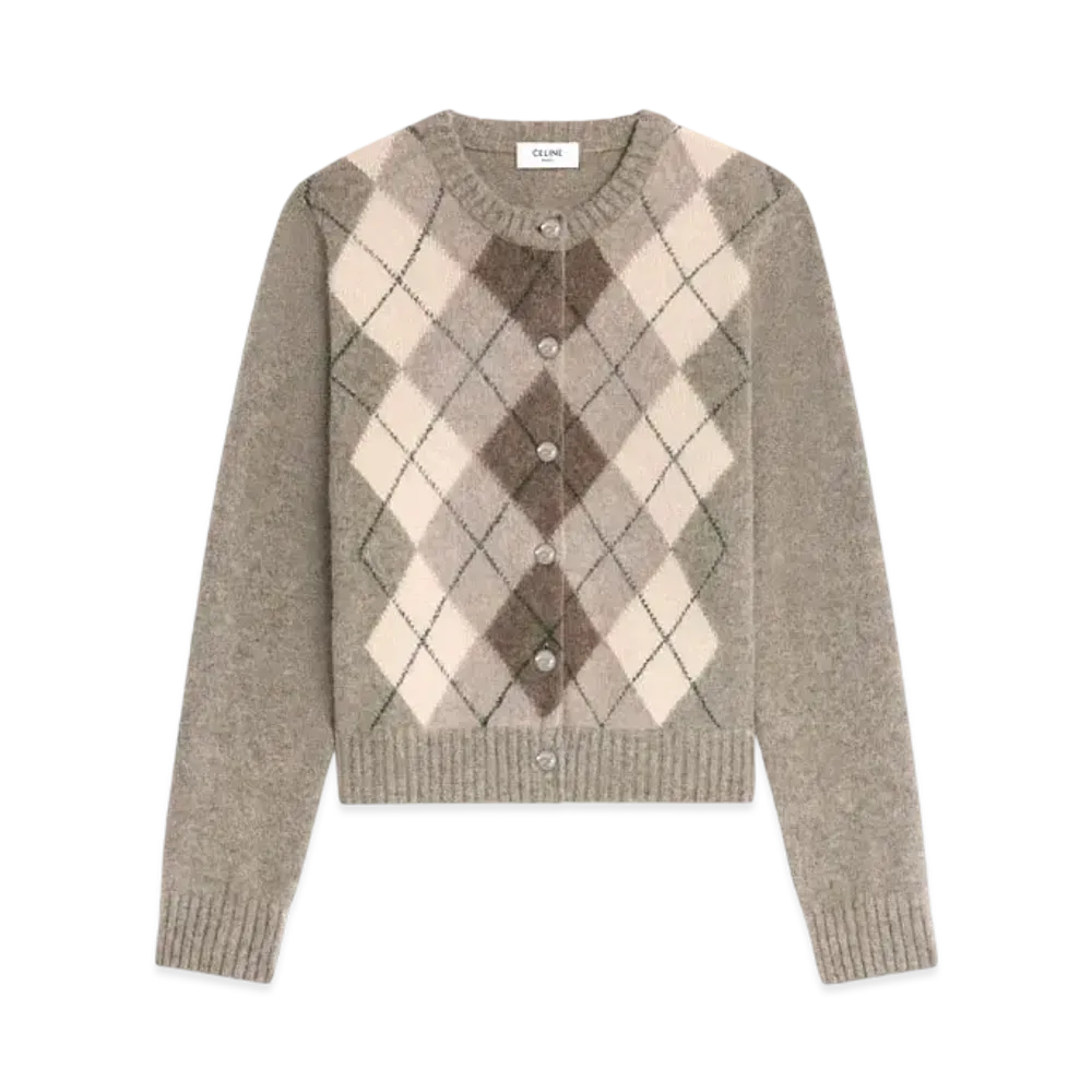 CELINE Cardigan In Argyle Alpaca Wool "Pebble"