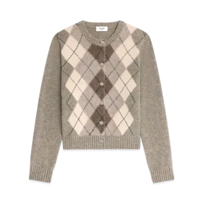 CELINE Cardigan In Argyle Alpaca Wool "Pebble"