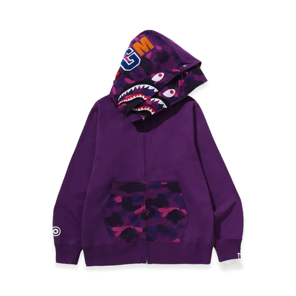A BATHING APE Color Camo Shark Full Zip Double Hoodie "Purple"
