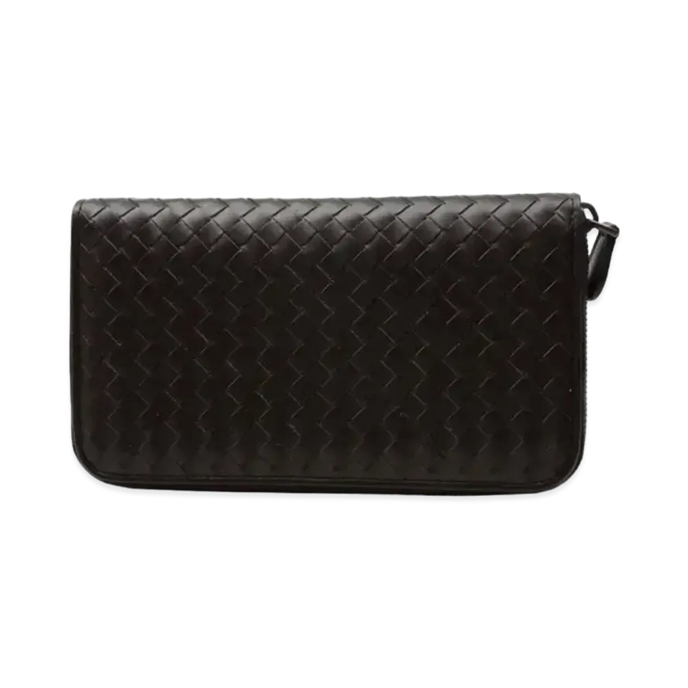 Bottega Veneta Intrecciato Calfskin Zip Around Wallet "Ebano"