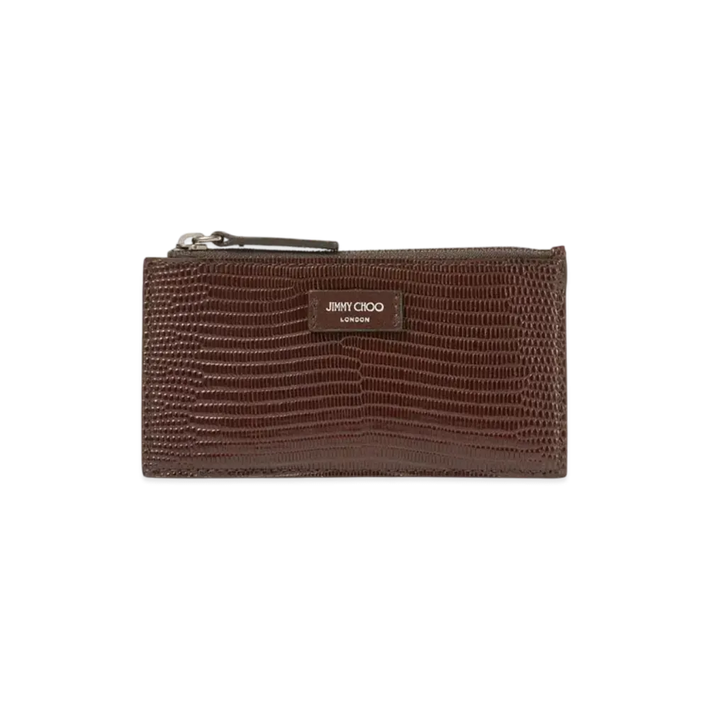 Jimmy Choo Ellis Lizard Print Leather Card Holder "Coffee/Gunmetal"