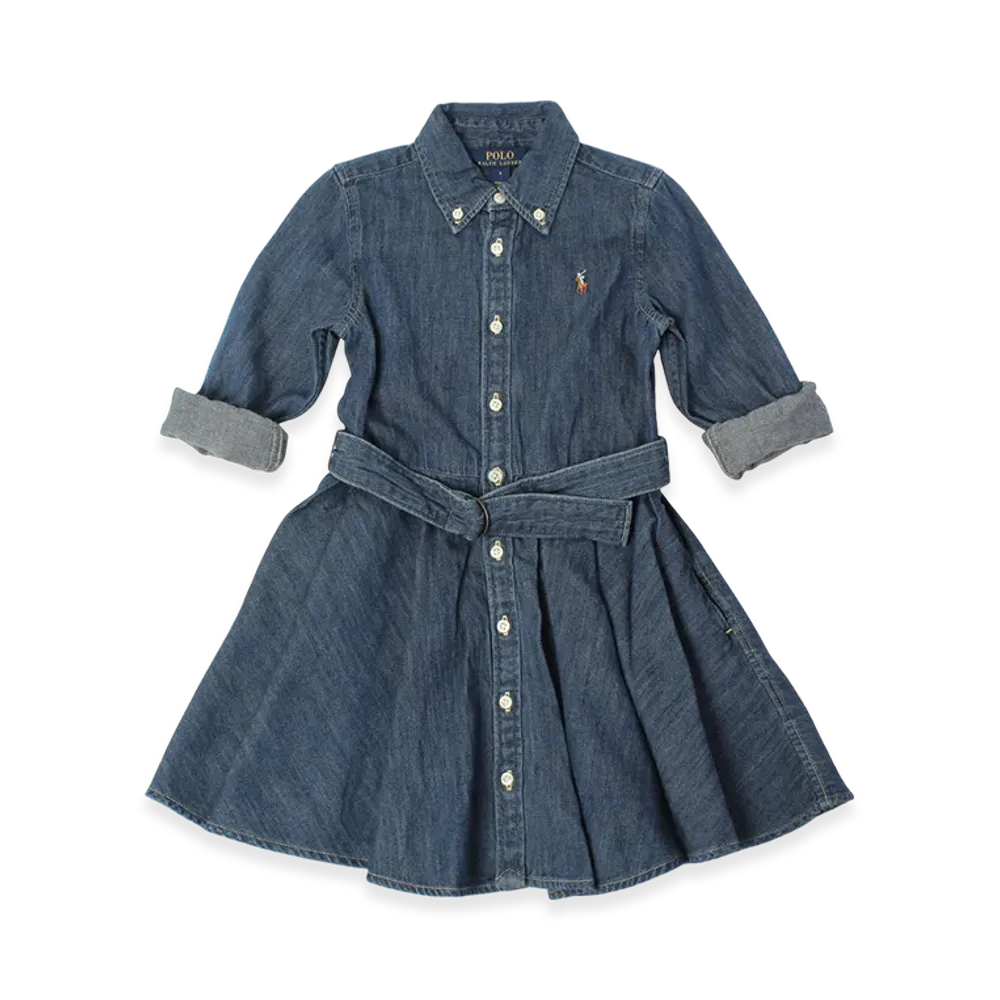 Polo Ralph Lauren Belted Cotton Denim Shirt Dress Kids "Indigo Blue"