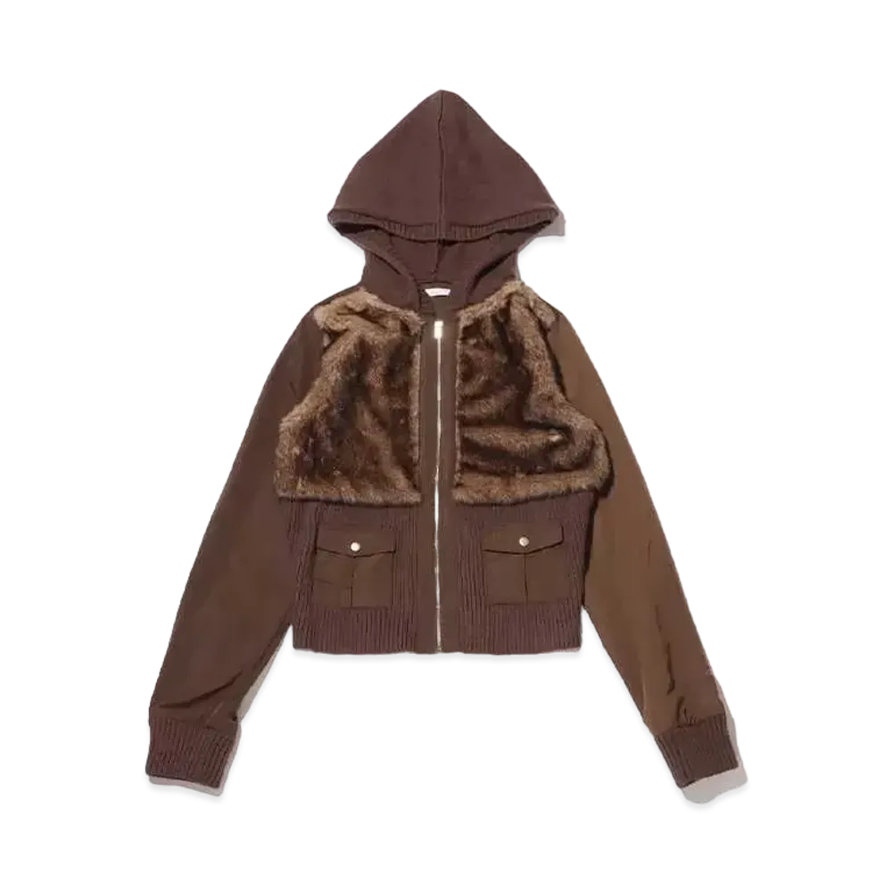 atmos pink Different Material Docking Fur Knit Cardigan "Brown"