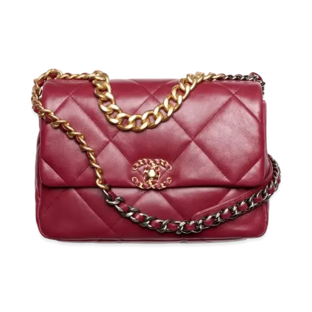 CHANEL 19 Large Handbag Shiny Lambskin Gold Tone Silver Tone & Ruthenium Finish Metal "Burgundy"