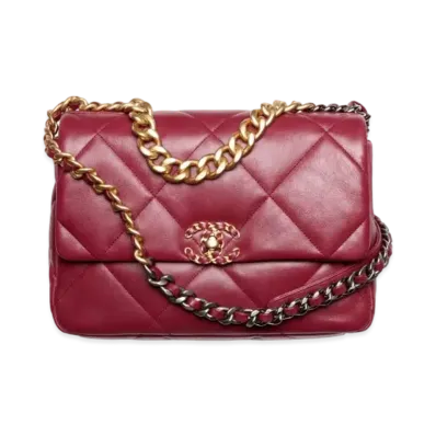 CHANEL 19 Large Handbag Shiny Lambskin Gold Tone Silver Tone & Ruthenium Finish Metal "Burgundy"