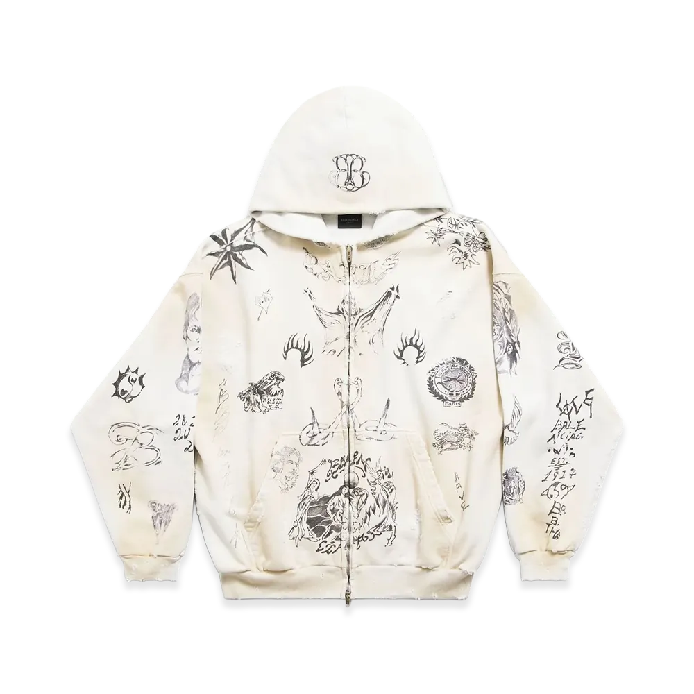 BALENCIAGA Tattoo Zip-Up Hoodie Medium Fit "Off White/Black"