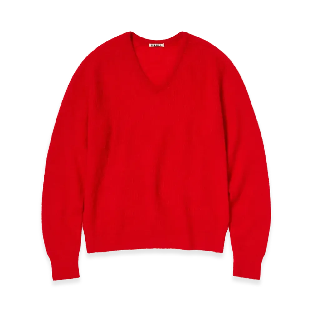 AURALEE Baby Suri Alpaca Sheer Knit V-Neck P/O "Red"