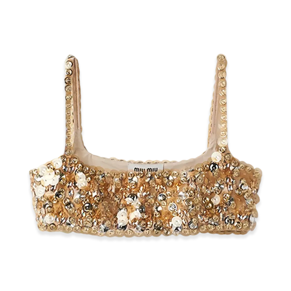 MIU MIU Women's Embroidered Silk and Wool Top "Sand Beige"