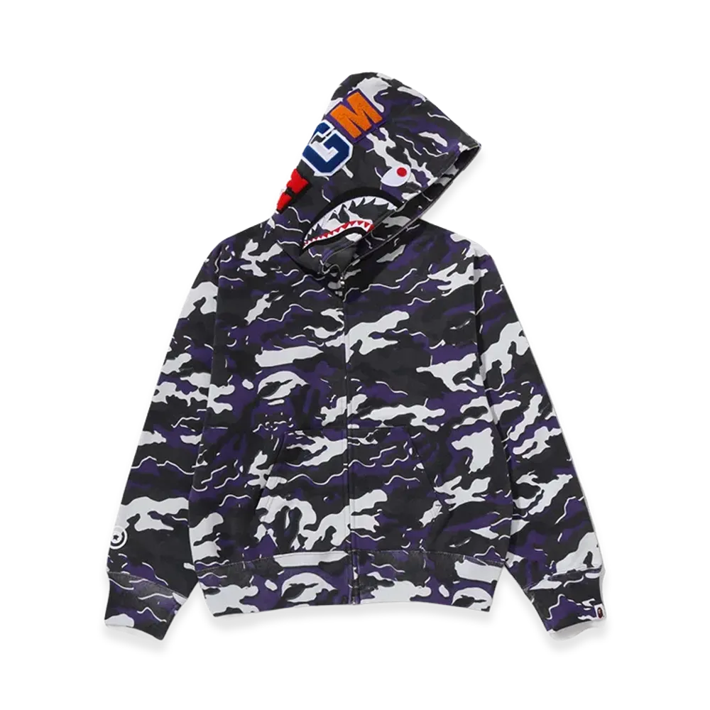 A BATHING APE Women's Glitch Woodland Camo Shark Full Zip Hoodie "Purple"