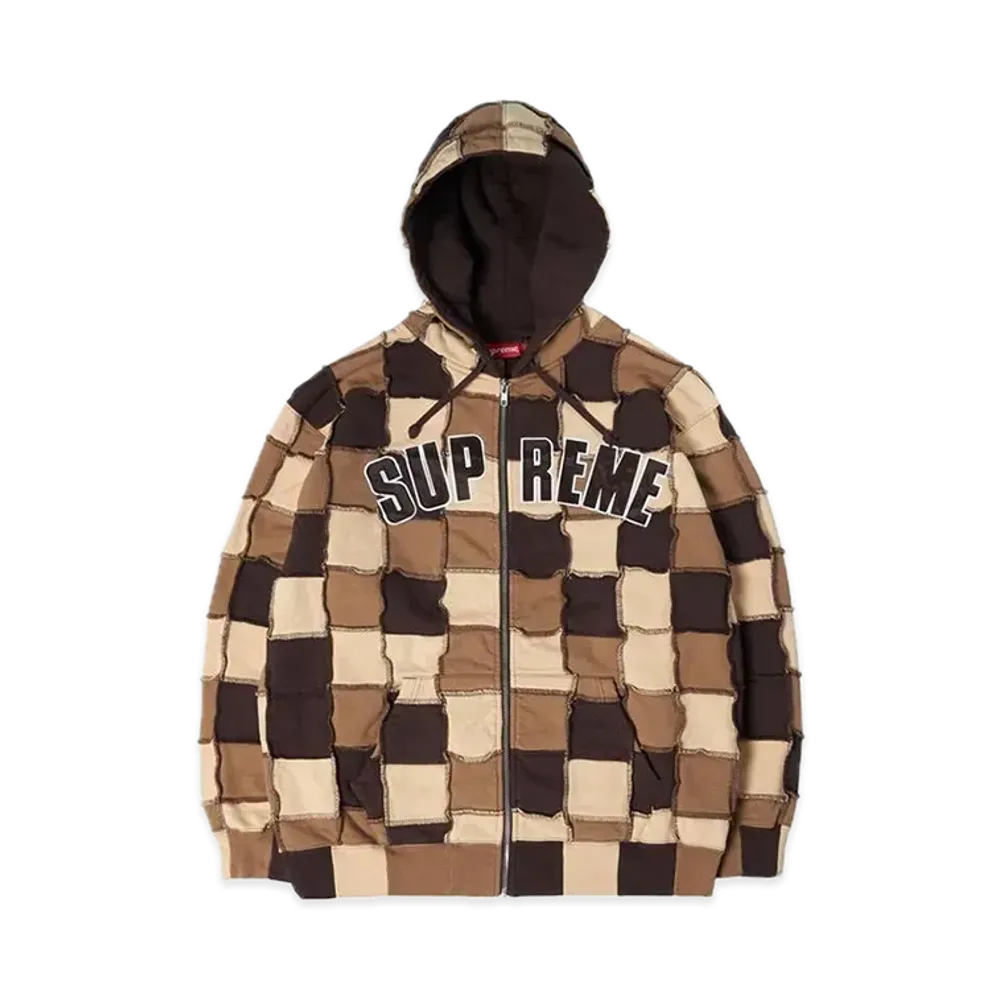 Supreme Reverse Patchwork Zip Up Hooded Sweatshirt "Brown"