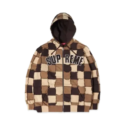 Supreme Reverse Patchwork Zip Up Hooded Sweatshirt "Brown"