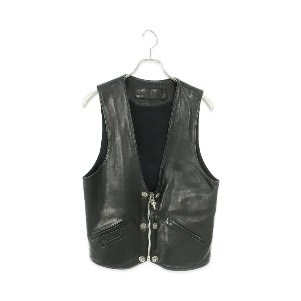 Chrome Hearts Back Cross 6B Dagger Zip Leather Vest "Black"