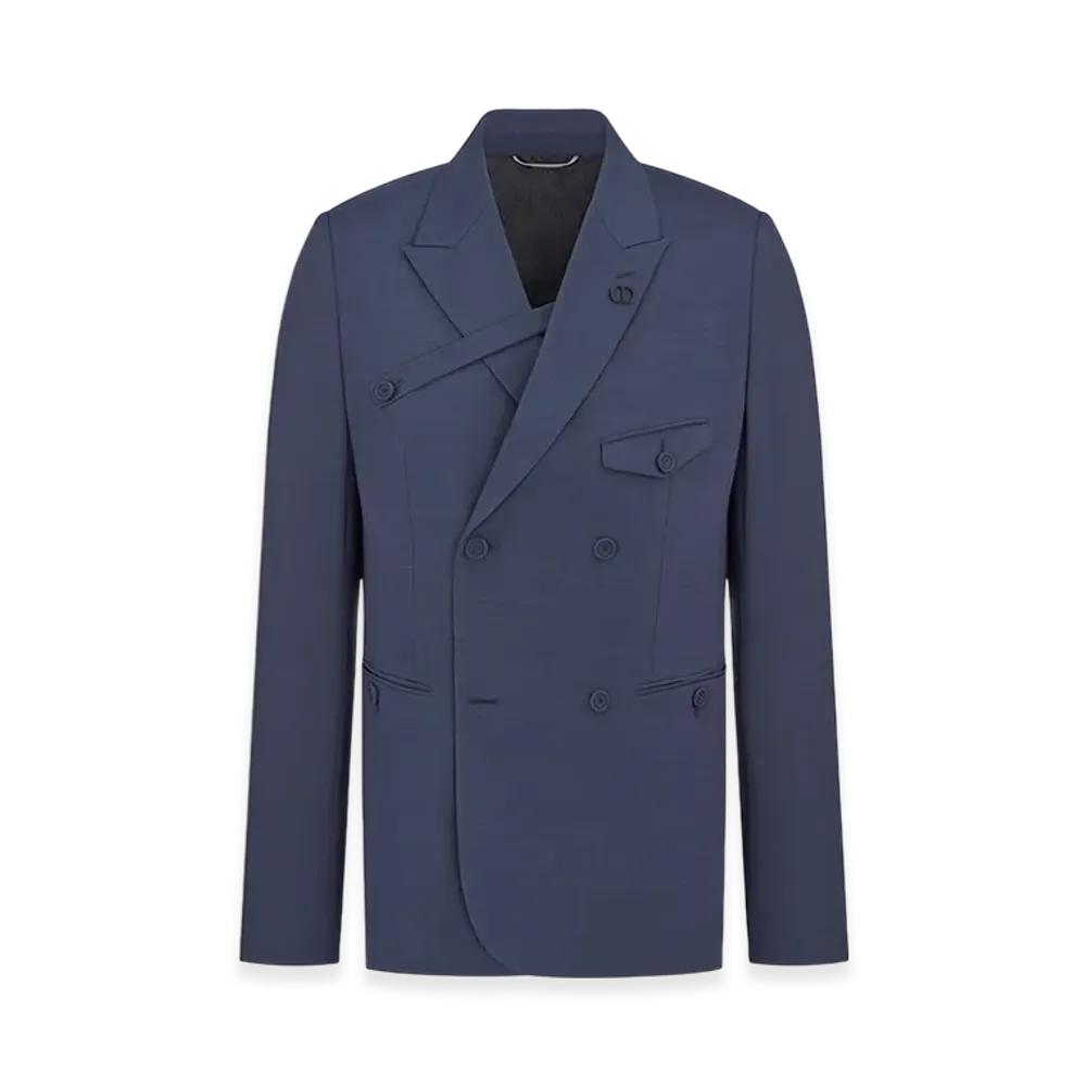 Dior Double-Breasted Jacket with Button Placket Textured Extra Fine Wool "Blue Gray"