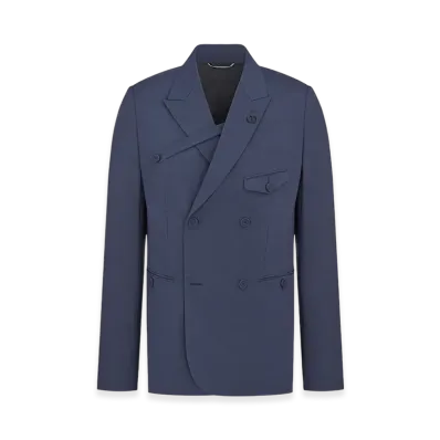 Dior Double-Breasted Jacket with Button Placket Textured Extra Fine Wool "Blue Gray"