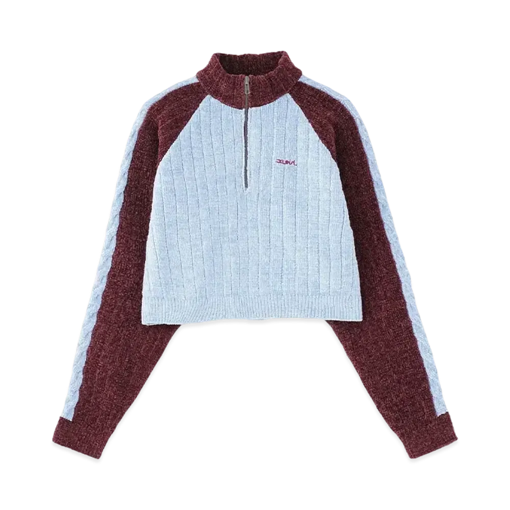 X-Girl Striped Sleeve Half Zip Knit Top "Burgundy"