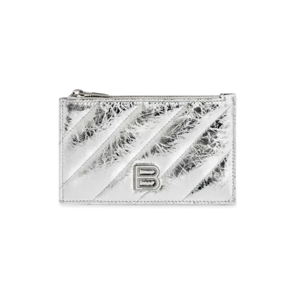 BALENCIAGA Crush Long Coin and Card Holder Metallized Quilted "Silver"