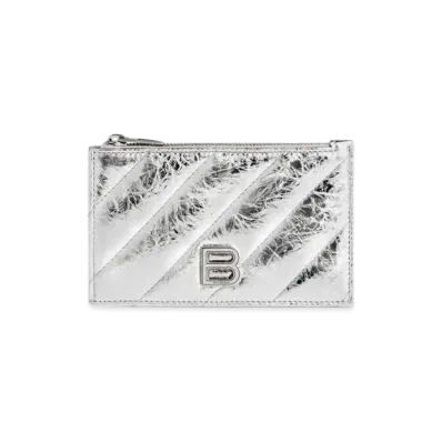 BALENCIAGA Crush Long Coin and Card Holder Metallized Quilted "Silver"