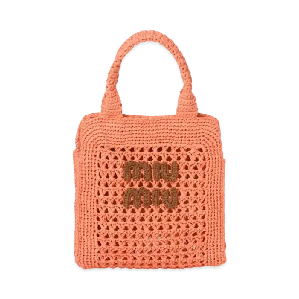 MIUMIU Raffia-Effect Crochet Fabric Tote Bag "Tulip/Cognac"