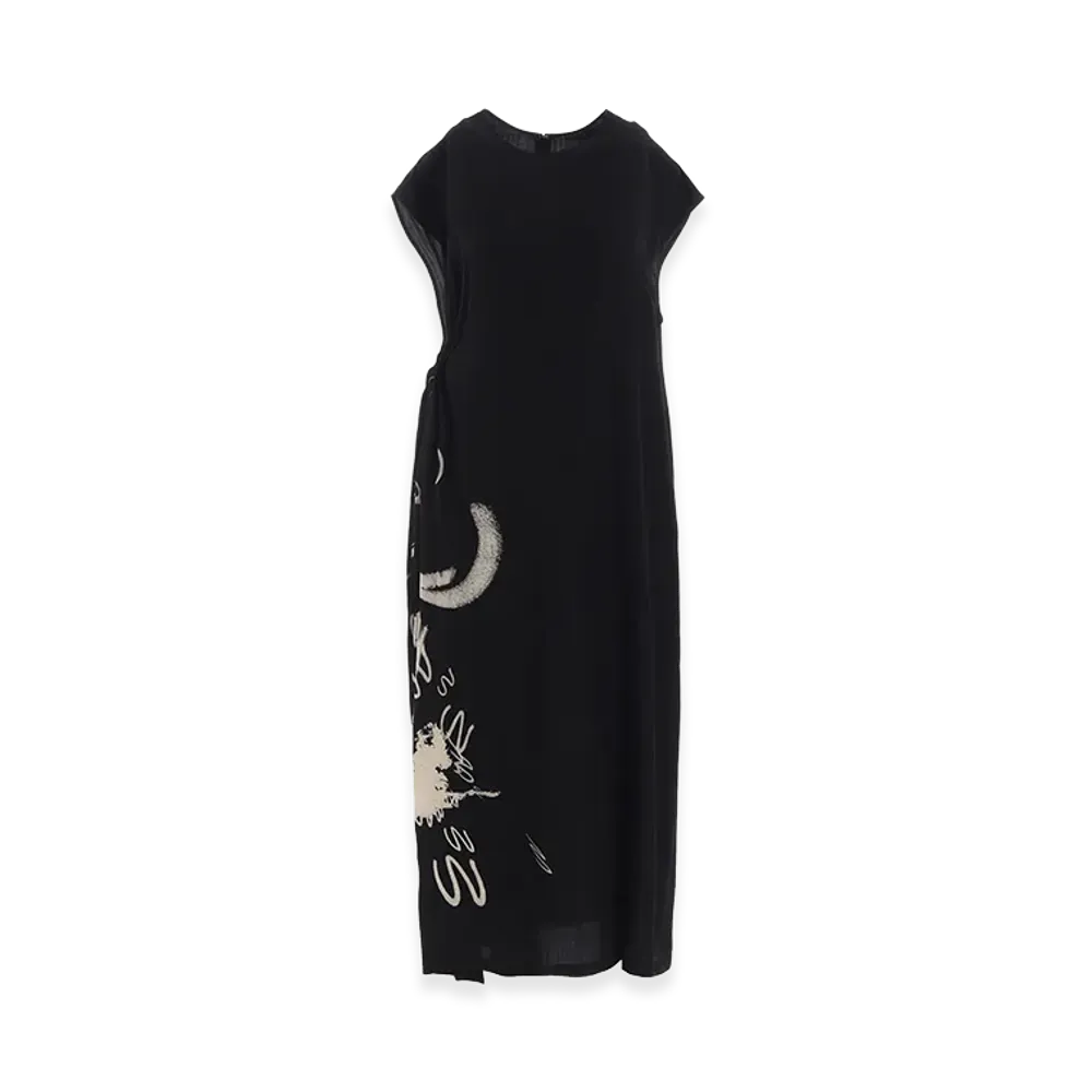 Y's Cupro Dungaree "Y" Print Gathered Dress "Black"