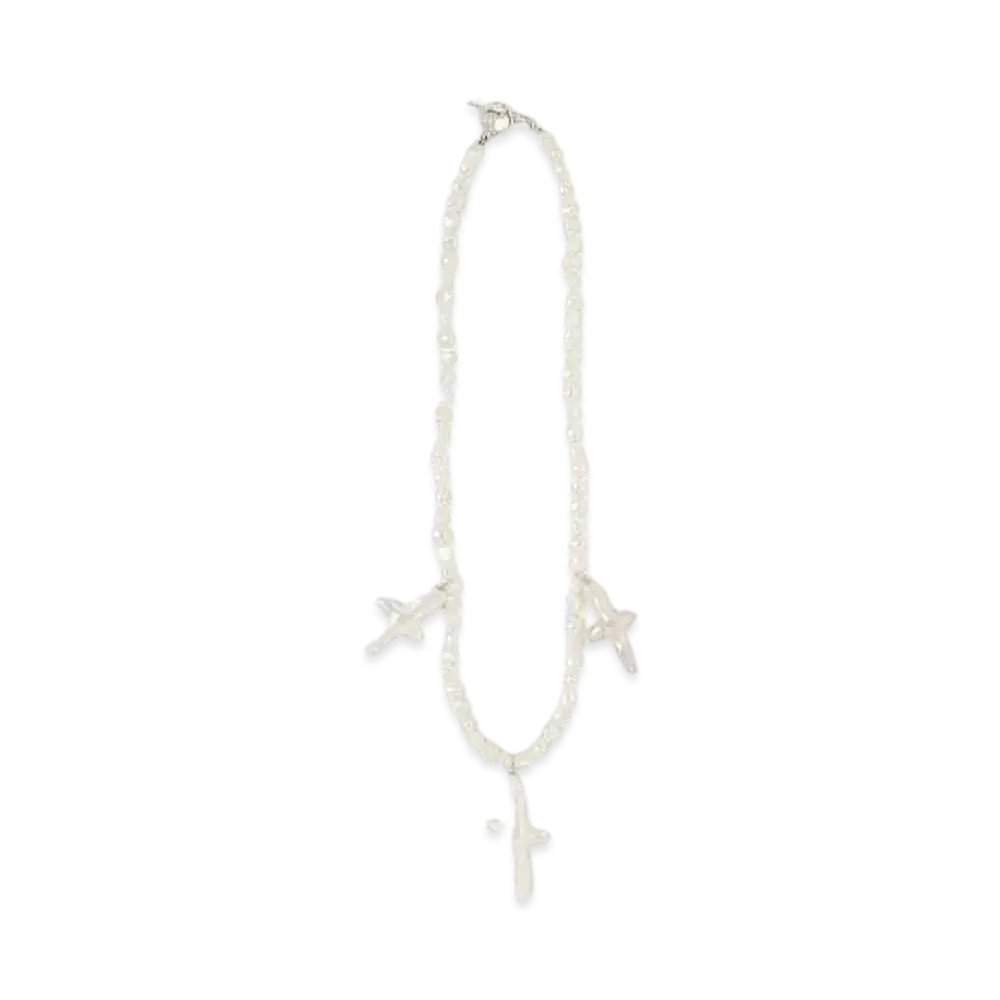 COOTIE PRODUCTIONS Distortion Cross Pearl Necklace (Type-2) "WHITE"