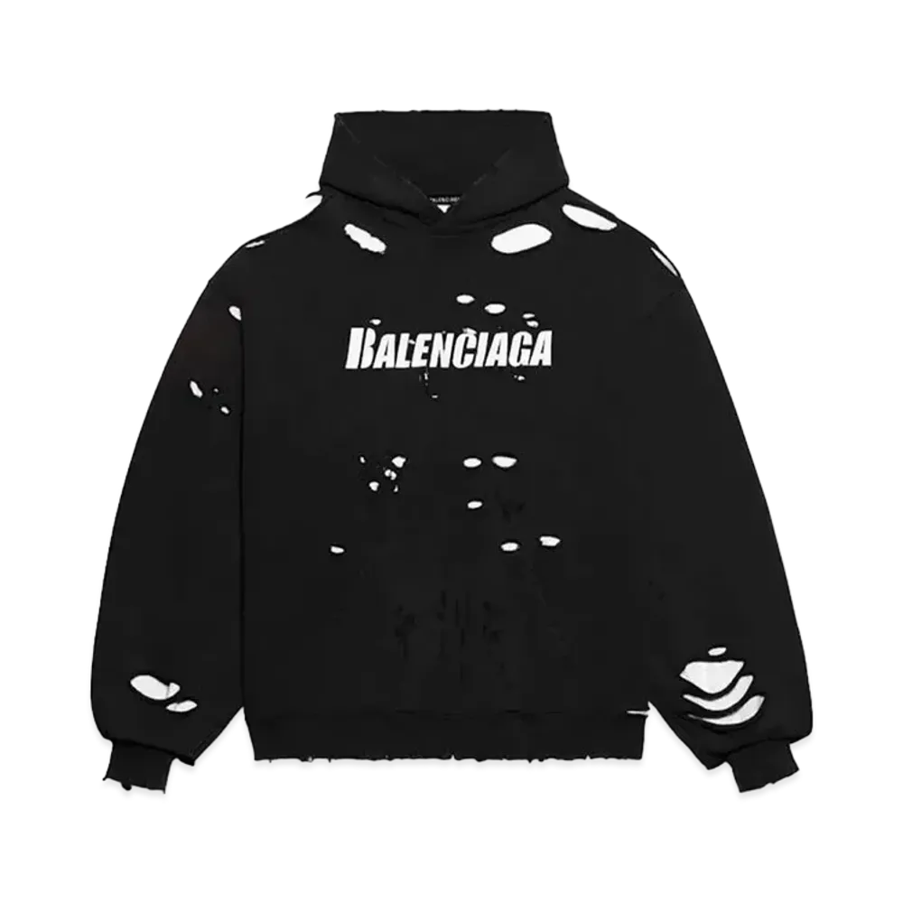 BALENCIAGA MENS Destroyed Hoodie "Black/White"