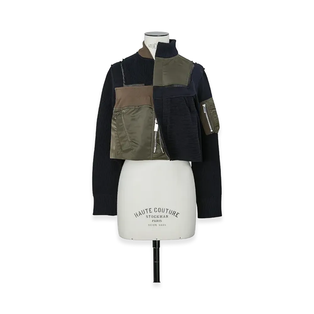 sacai Women's Nylon Twill x Knit Blouson "Dark Khaki/Navy"
