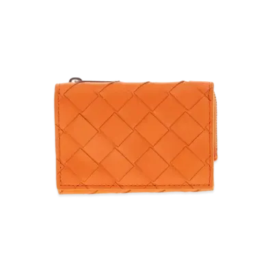 Bottega Veneta Intrecciato Calfskin Trifold Zippered Wallet "Papaya"