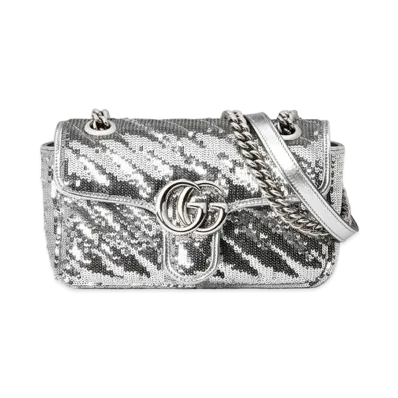 GUCCI GG Marmont Mini Sequin Shoulder Bag "Silver Silk"