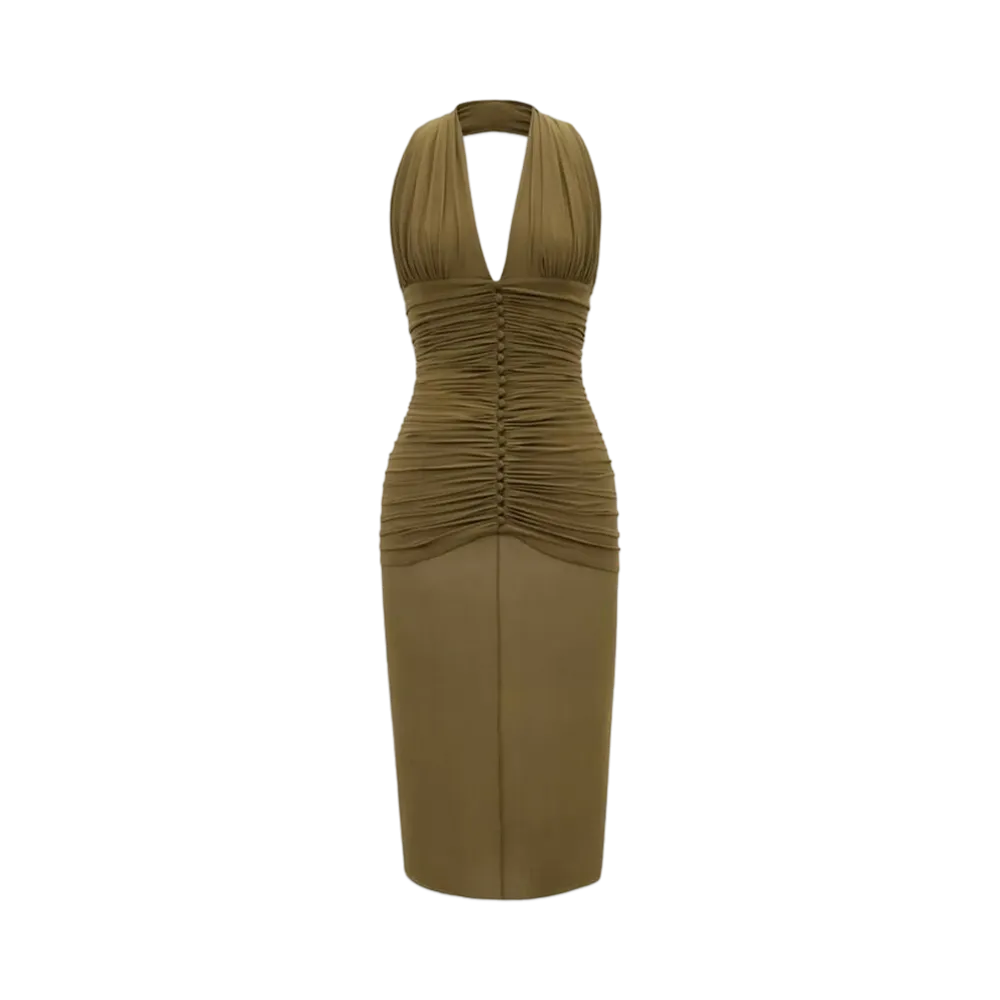 Saint Laurent Women's Halter Dress in Silk Crepe "Kaki"