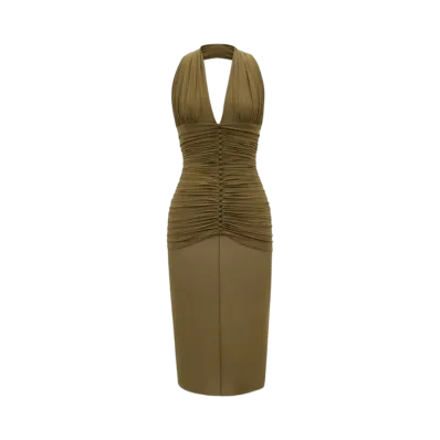 Saint Laurent Women's Halter Dress in Silk Crepe "Kaki"