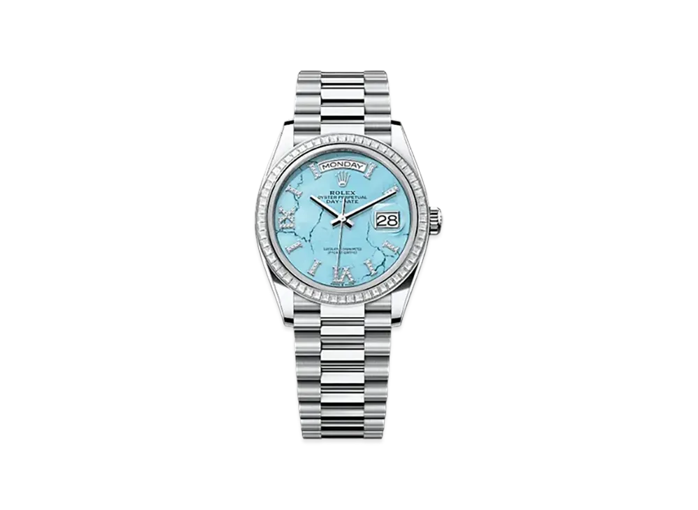 ROLEX Day-Date 36mm Platinum Diamond 128396TBR "Turquoise"