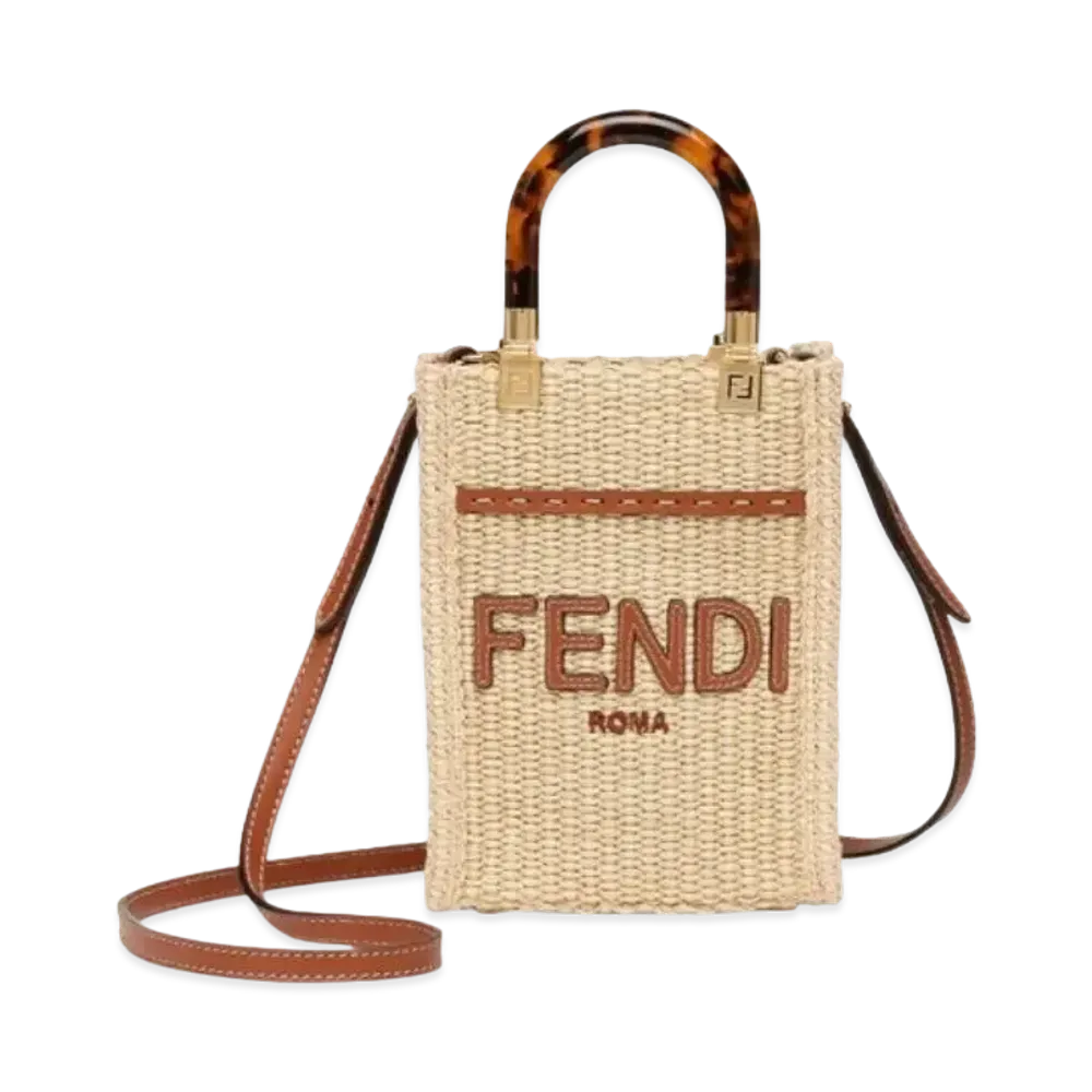 FENDI Sunshine Mini Shopper In Natural Straw "Beige"