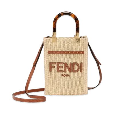 FENDI Sunshine Mini Shopper In Natural Straw "Beige"