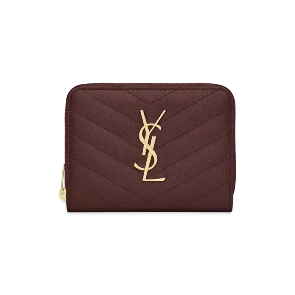 Saint Laurent Monogram Compact Zip Around Wallet In Grain De Poudre Embossed Leather "Rouge Legion"