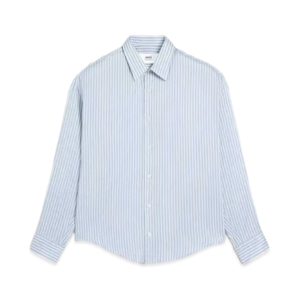 AMI PARIS Stripe Silk Blend Canvas Boxy Fit Shirt "Chalk & Cashmere Blue "