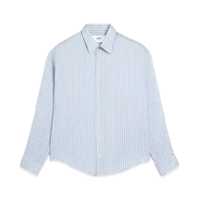 AMI PARIS Stripe Silk Blend Canvas Boxy Fit Shirt "Chalk & Cashmere Blue "